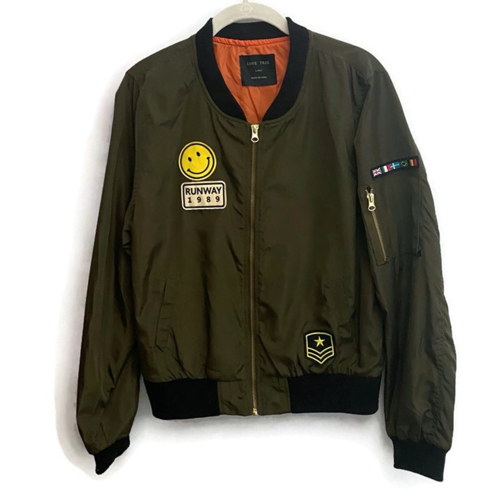 Love Tree Bomber Olive/Army Green Bomber Jacket With Patches, Junior's sz Large